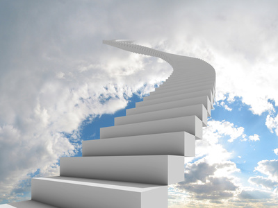 Illustration of a long, winding stairway leading to the clouds. Could represent a career, success, a journey, or going to heaven.