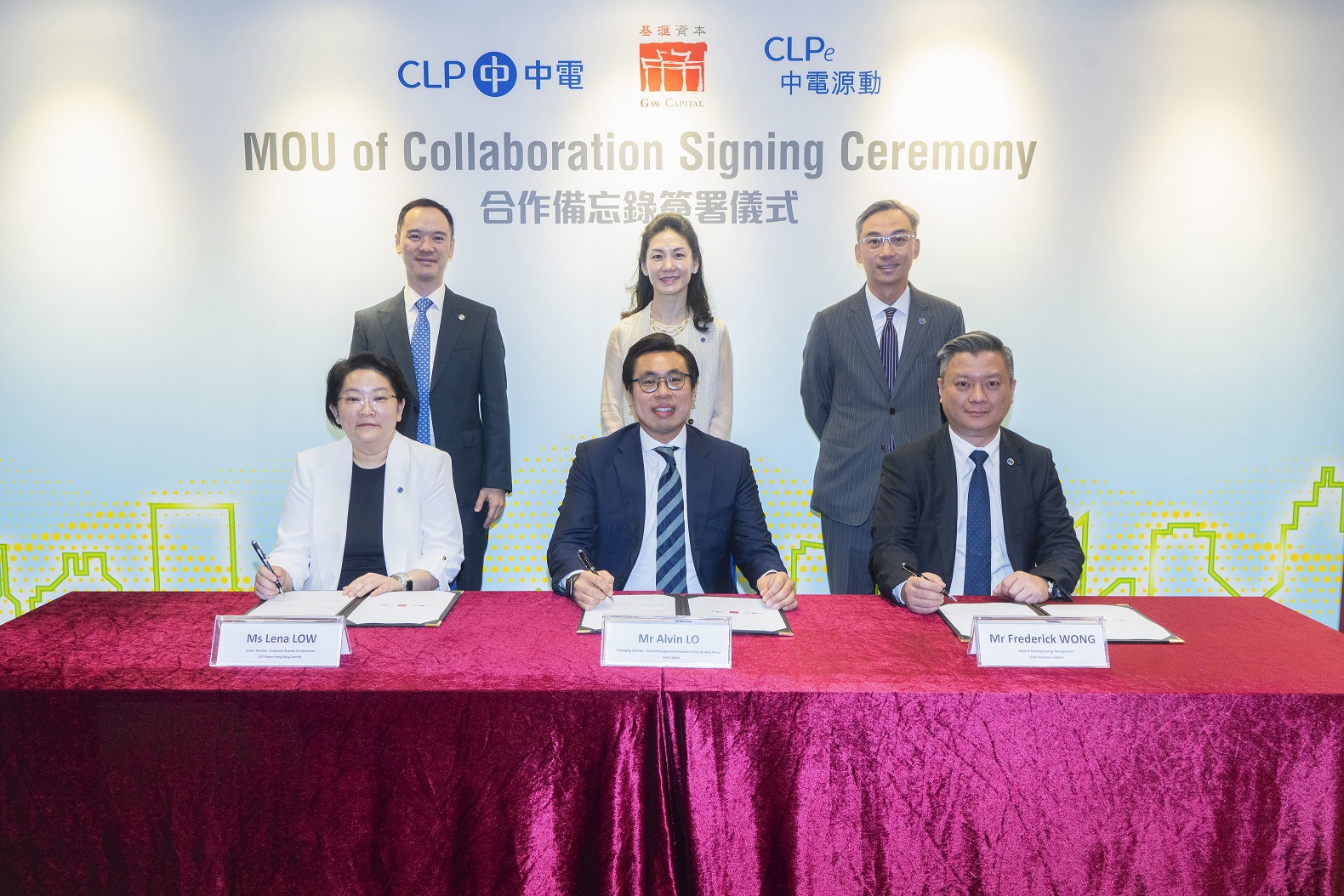 (Front row, from left) CLP Power Senior Director of Customer Success and Experience Ms Lena Low, Gaw Capital Managing Director for Asset Management (Mainland China and Hong Kong) Mr Alvin Lo, and CLPe Head of Building Energy Management Mr Frederick Wong sign a Memorandum of Understanding aiming to enhance the energy efficiency of Gaw Capital’s premises and achieve the company’s sustainability goals. (Second row, from left) CLP Power Managing Director Mr Joseph Law, Gaw Capital Managing Principal, Global Head of Capital Markets and Co-Chair of Alternative Investments Ms Christina Gaw, and CLPe Managing Director Mr Ringo Ng join as witnesses on the signing ceremony.