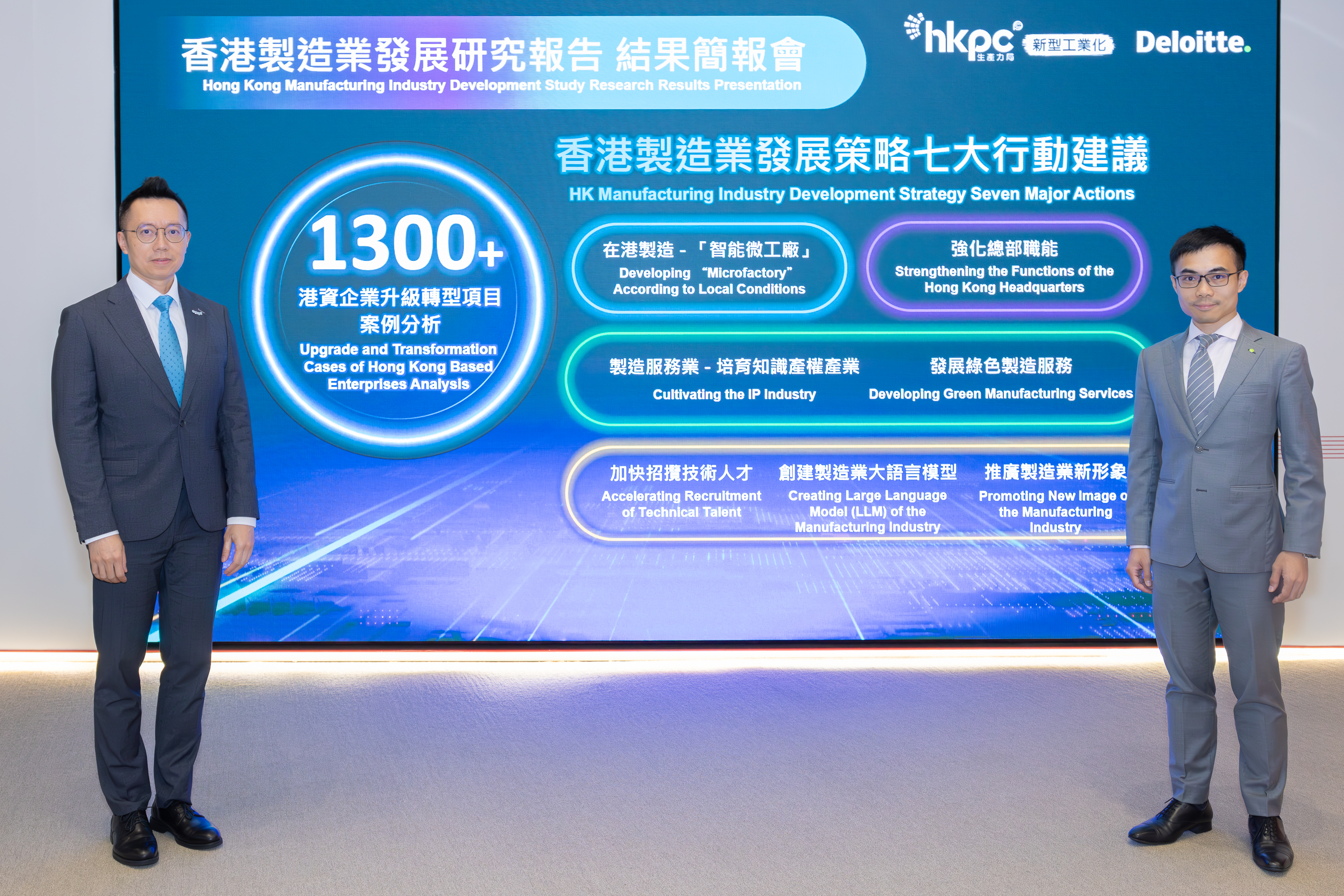 (Photo 1) Mr Edmond Lai, Chief Digital Officer of HKPC (left), and Mr Alvis Kong, Partner of Deloitte China Strategy and Economic Advisory (right) present the key findings in “Hong Kong Manufacturing Industry Development Study Report”, showing that 81% of manufacturing industries are yet to adopt smartification. HKPC based on the