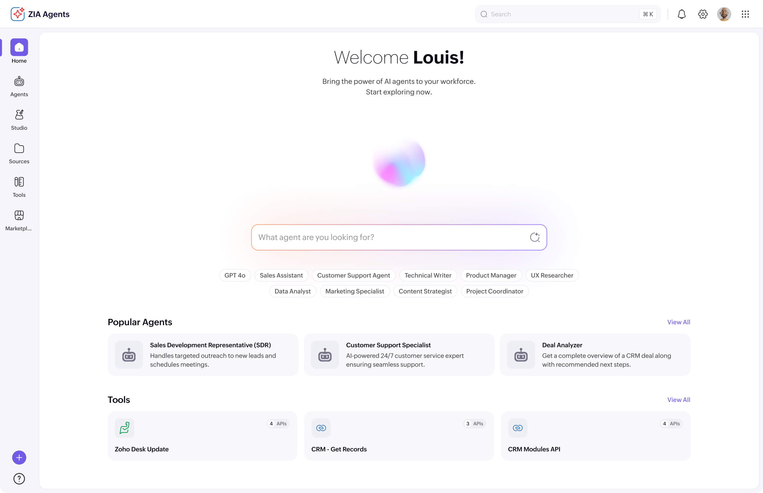 The Zia Agent studio is now fully prompt-based. Agents built by users can be deployed autonomously, triggered through button click or rule-based automation, or summoned within customer conversations.