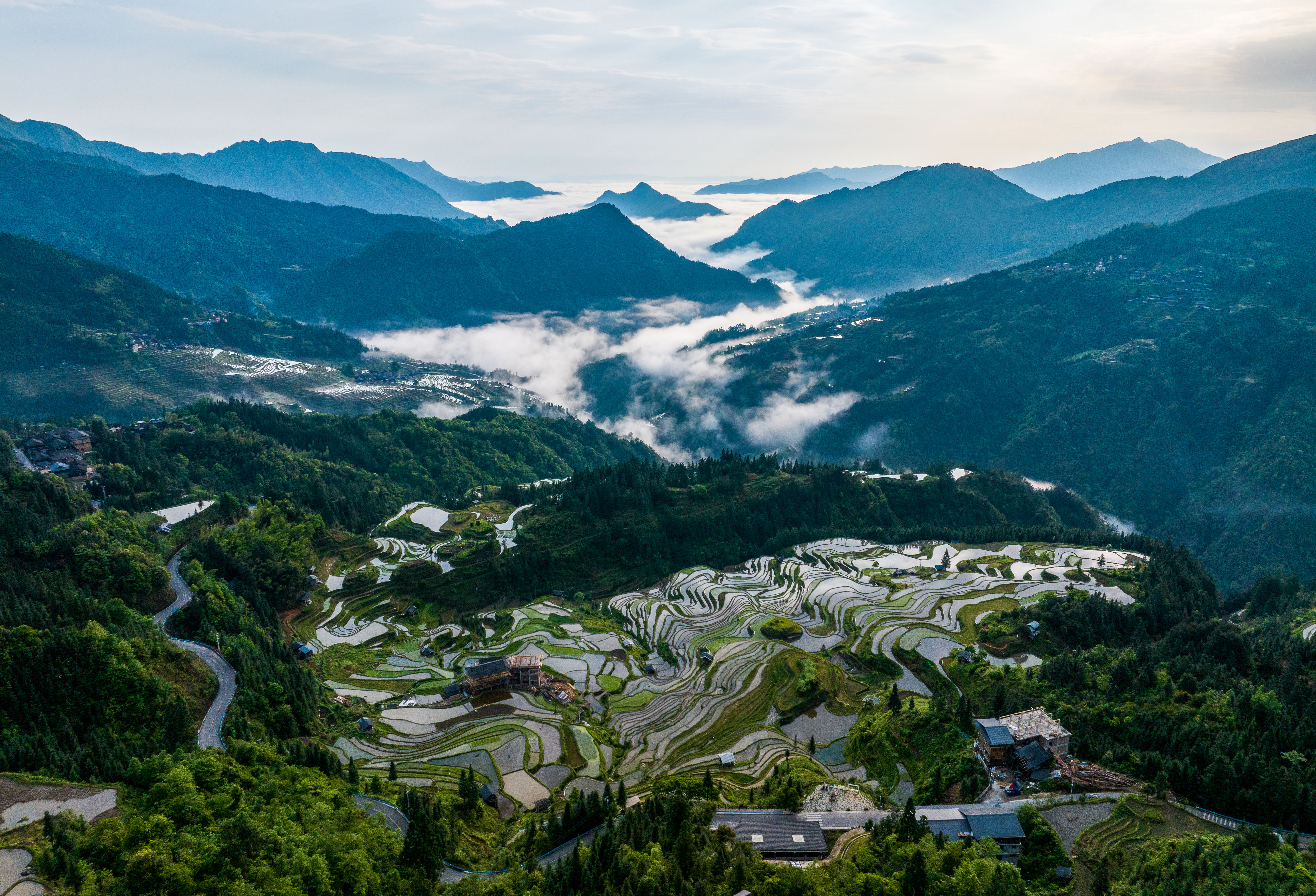Caption: Morning Scenery of Jiabang Terraced Fields in Congjiang County, Guizhou Province