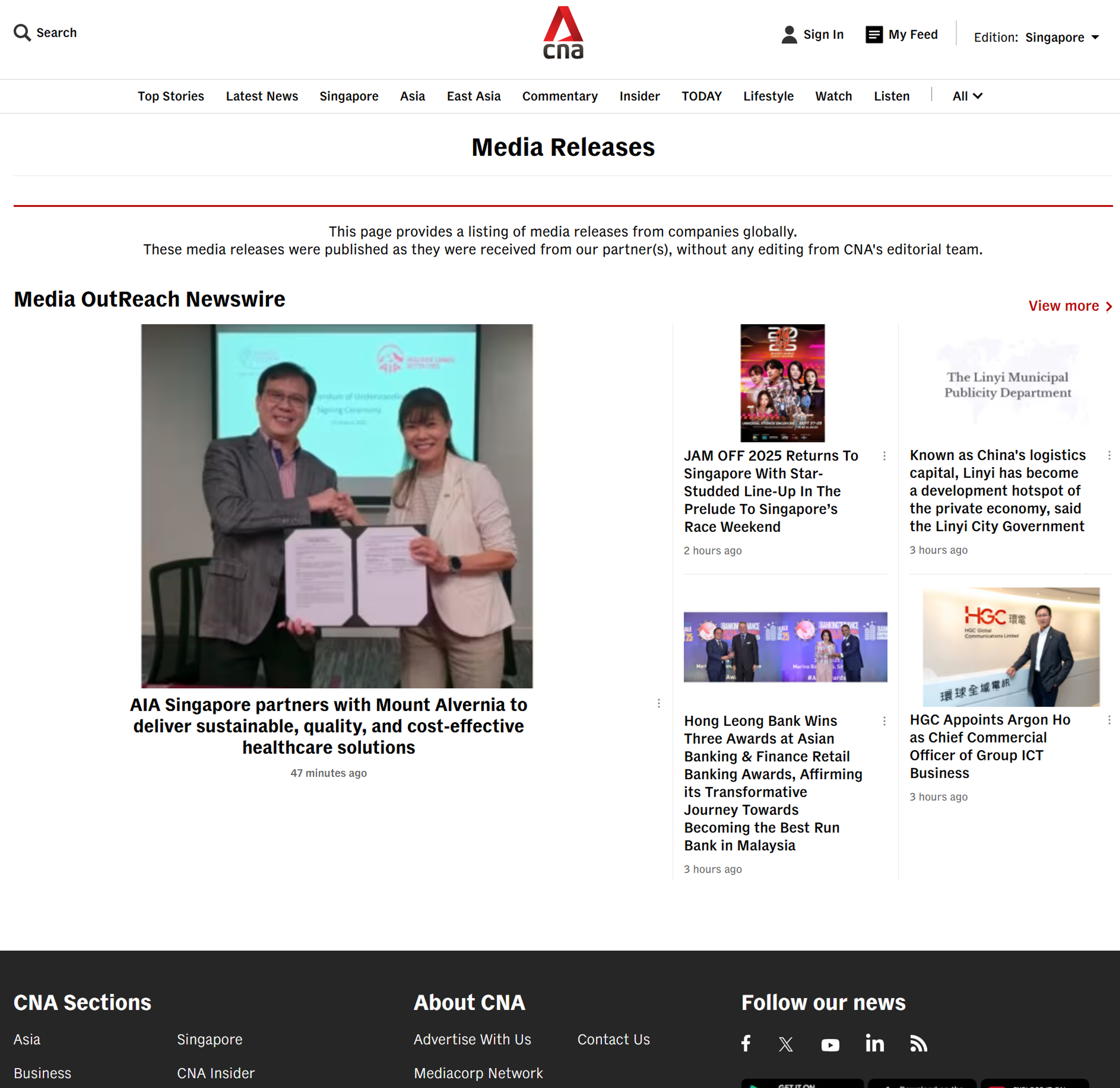Screengrab of paid media releases page on CNA