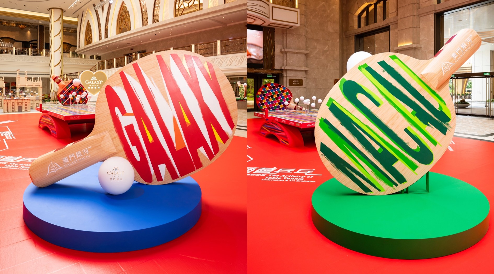 Hand-painted lettering of “Galaxy” and “Macau” Giant Rackets: “The Artistry of Table Tennis – Collectables & Art Exhibition” is a deft exploration of the game’s rich design heritage and aesthetic evolution. At its heart, a large-scale installation of a giant ball and rackets captures the kinetic energy of the game, while a collaborative art piece, set to be unveiled in mid-October, promises another deft touch.