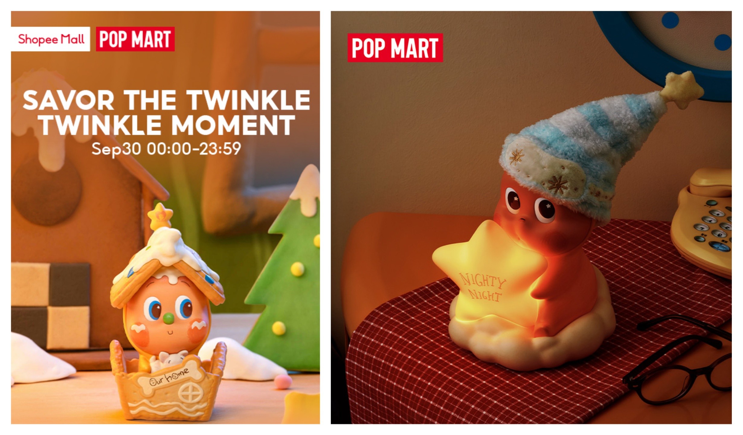 Join the livestream marathon on Shopee Live to celebrate the launch of Twinkle Twinkle Savor The Moment Series Figures (Left) and stand a chance to win Twinkle Twinkle Classic Series - Goodnight Pat-activated Lamp (Right)