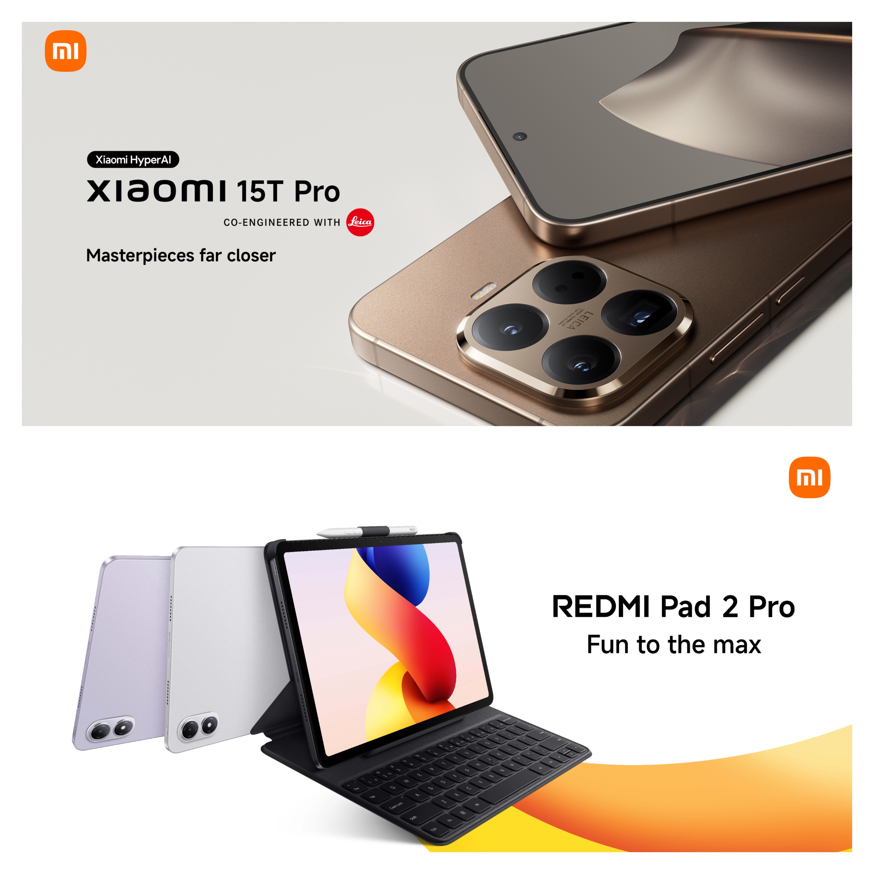 (Top) Xiaomi 15T Pro, the first in the T series to feature a Leica 5× Pro telephoto camera; (Bottom) REDMI Pad 2 Pro, enabling immersive experience with Dolby Atmos enhanced quad speakers.