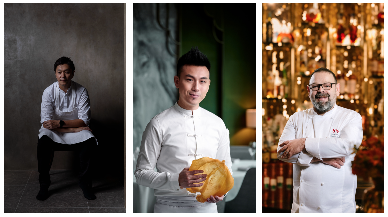 (From left) Chef Hiroyasu Kawate, Chef Vicky Cheng, and Chef Marino D’Antonio will be leading the “Land” category of Galaxy Macau Presents Tatler Off Menu.