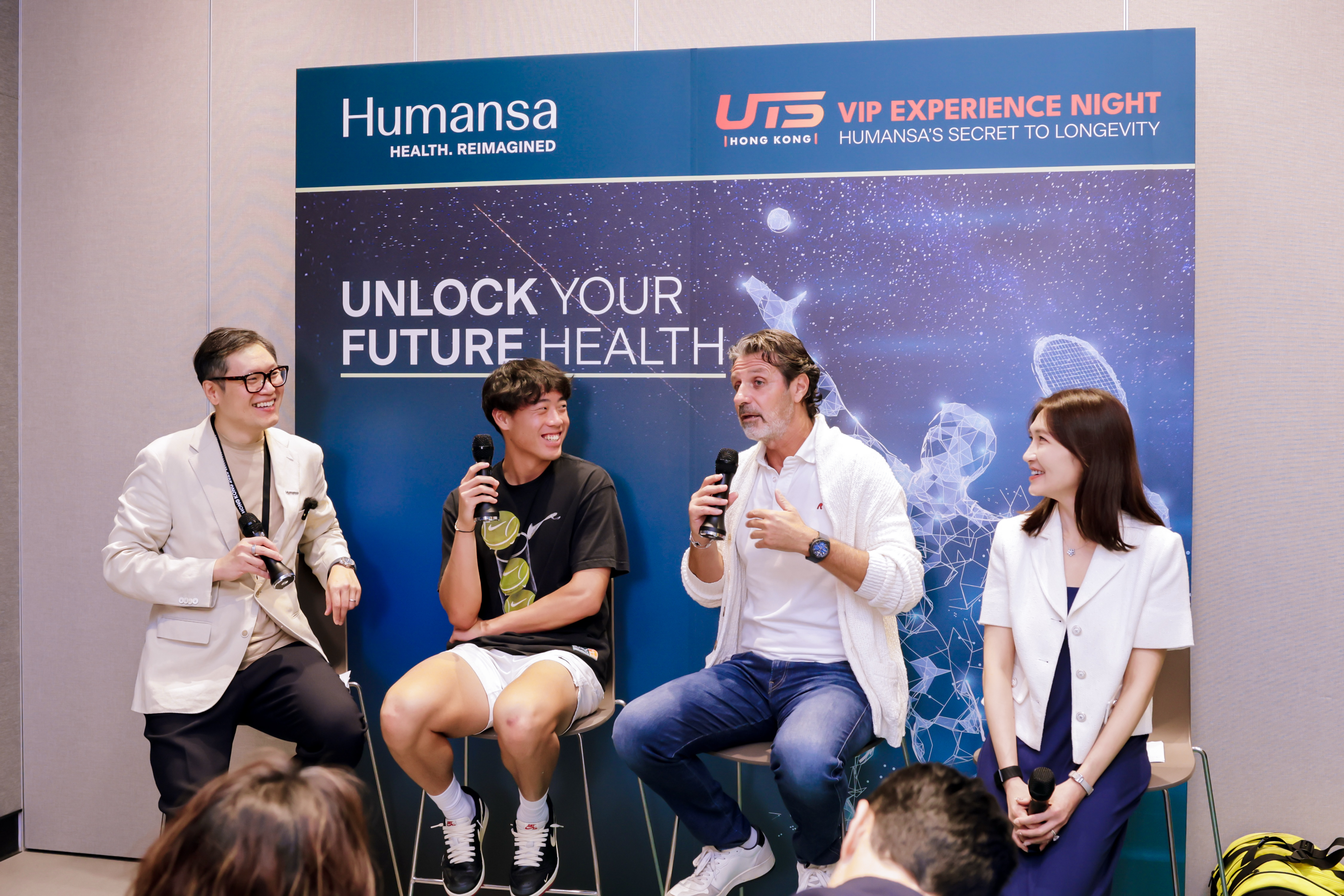 From left to right: Don So, Coleman Wong, Patrick Mouratoglou, Dr. Candy Chan are at Humansa's VIP Box before the UTS Hong Kong 2025