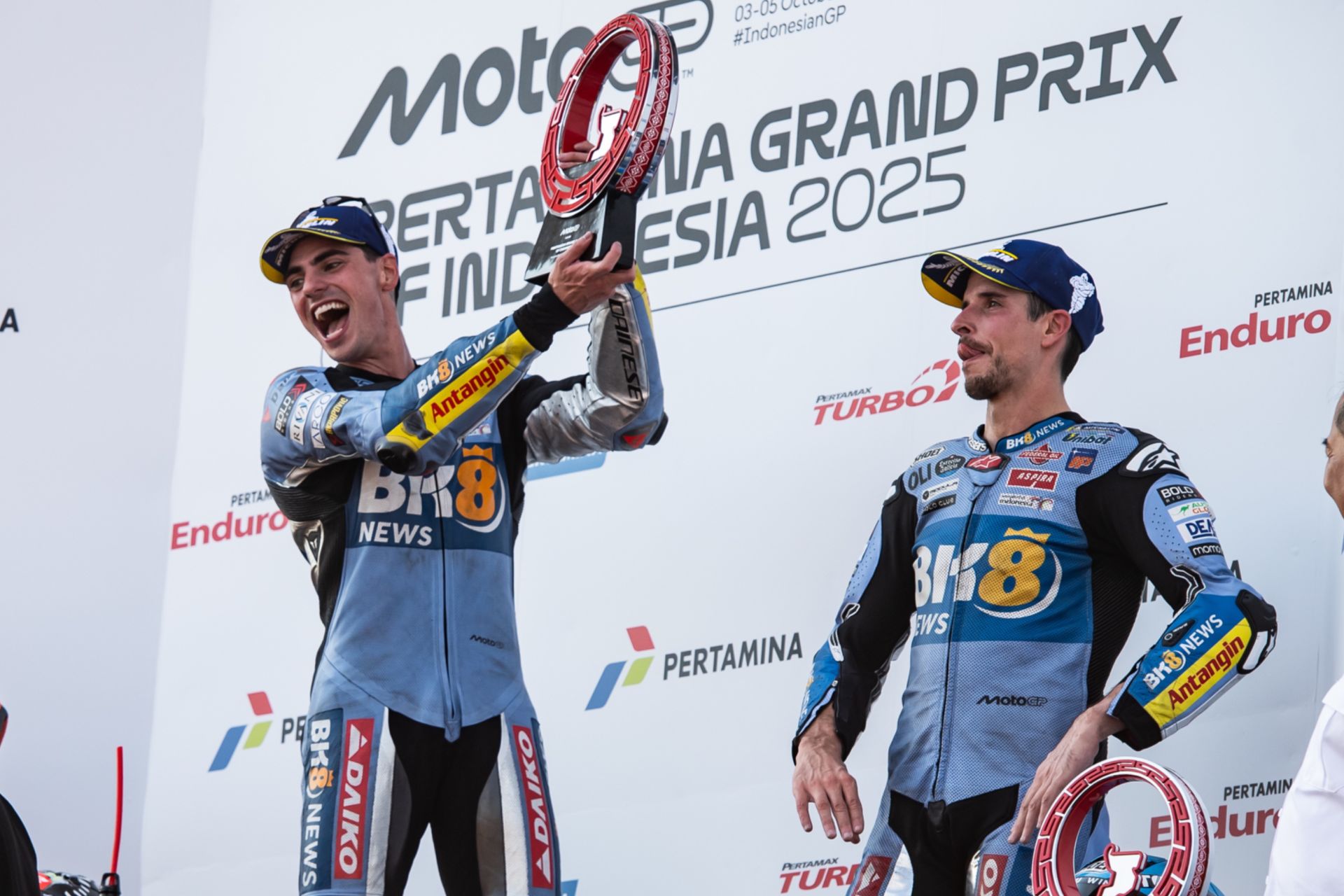Fermín Aldeguer on the left and Álex Márquez on the right, on the podium at Mandalika. Photo courtesy of BK8 Gresini Racing MotoGP.