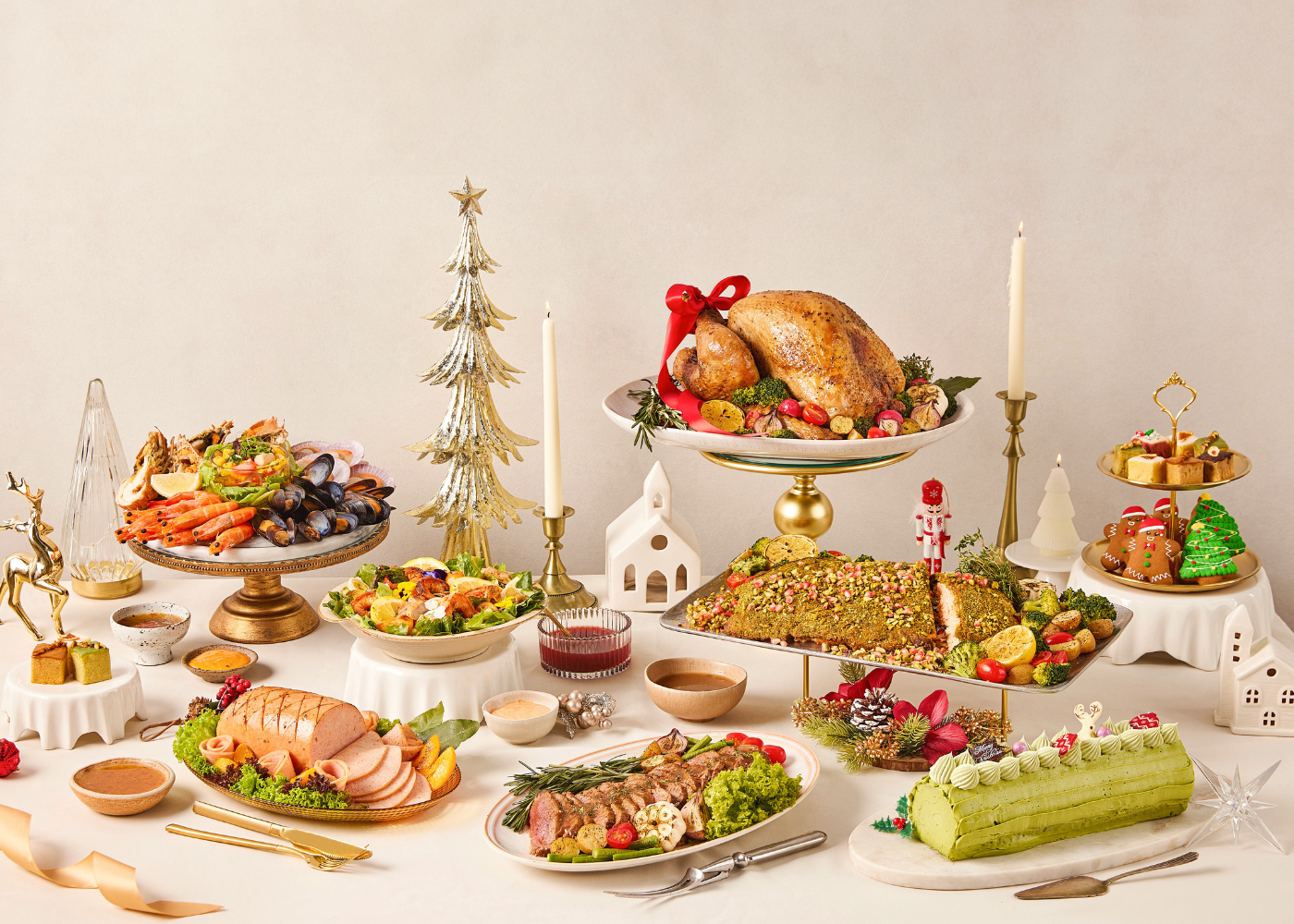 Santa's Gourmet Atelier by Kryston showcases the brand's signature premium roasts and fresh seafood, including Classic Roasted Turkey with Chestnut Stuffing, Catch of the Season Platter, and Premium Grain-Fed Roast Beef Tenderloin, available from now to 4 January 2026
