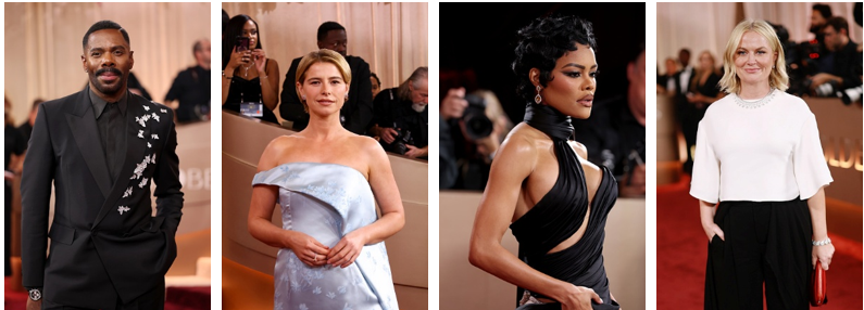 Natural diamond jewelry highlights from the 83rd Annual Golden Globe Awards; From left to right: Colman Domingo, Jessie Buckley, Teyana Taylor and Dakota Fanning (Credits: Getty Images and WireImage)