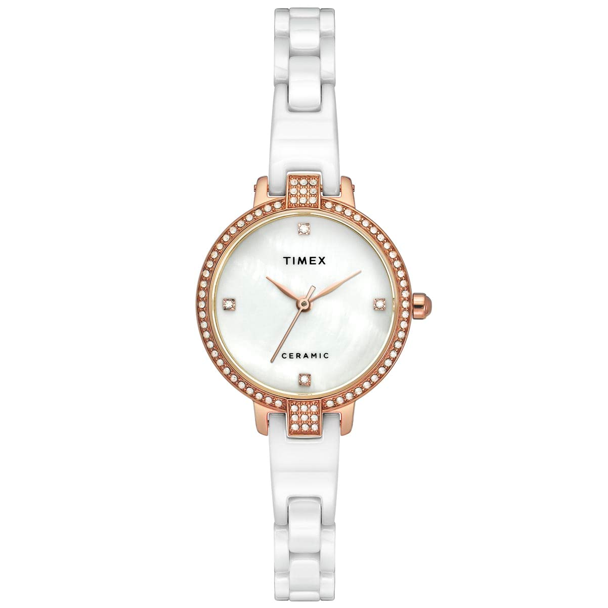 TIMEX Analog Watch for Women with Mother of Pearl White Round Dial & White Ceramic Bracelet Band Water Resistant Women's Wrist Watches - TWEL15700
