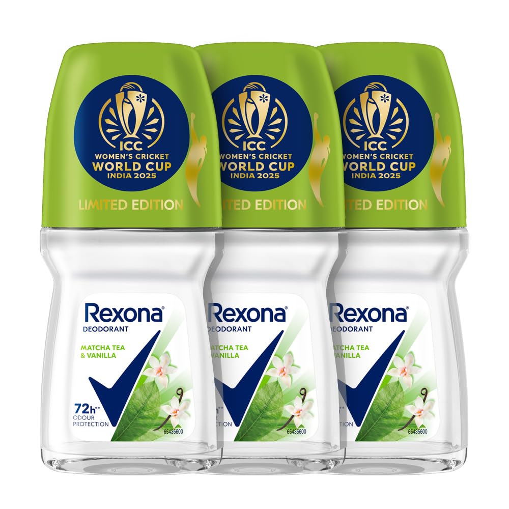 Rexona Matcha Tea & Vanilla Antiperspirant Roll-On | for Women | 72H Odour Protection | Limited Edition Pack - ICC Women’s Cricket World Cup India 2025 |50 ML (Pack of 3)