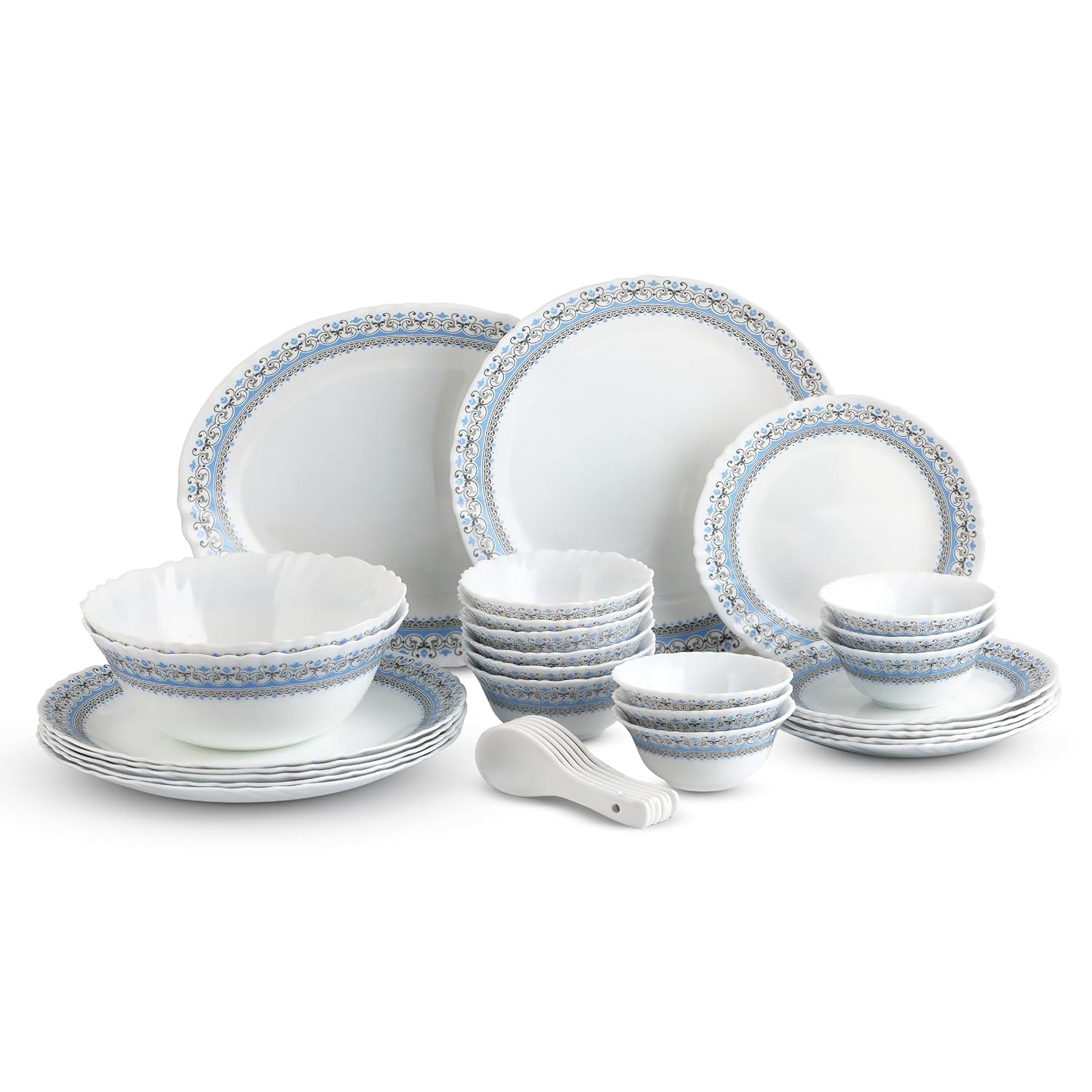 CELLO Aurum Imperial Plus Series Opalware Dinner Set of 33 Pieces for Family of 6 | Bone-Ash Free & Leadfree Opal Glass Microwave & Dishwasher Safe Crockery Plates & Bowls Set for Daily Use & Gifting