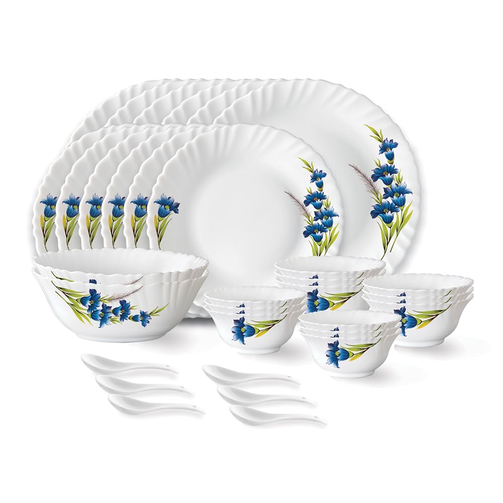 Larah by Borosil Nina Fluted Series Opalware Dinner Set | 33 Pieces for Family of 6 | Microwave & Dishwasher Safe | Bone-Ash Free | Crockery Set for Dining & Gifting | Plates & Bowls | White