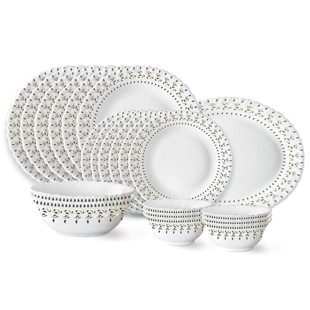 Larah by Borosil Ora Gold Fluted Series Opalware Dinner Set | 21 Pieces for Family of 6 | Microwave & Dishwasher Safe | Bone-Ash Free | Crockery Set for Dining & Gifting | Plates & Bowls | White