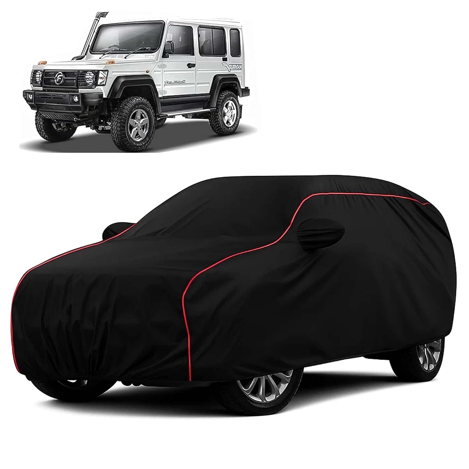 Sulfar 100% Water Resistant Car Body Cover Compatible with Mirror for Force Gurkha (Triple Stitched, Full Bottom Elastic, Black with Red Piping)