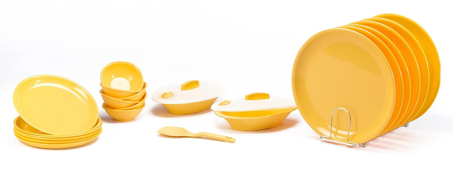 SignoraWare BPA Free Plastic Round Dinner Set | Microwave Safe | Unbreakable & Lightweight | Odor-Free | Great for Parties & Gatherings | Ideal for Regular Home Meals (Set of 23 pcs | LemonYellow)