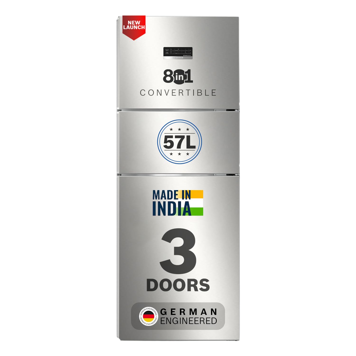 Bosch 302L, 3 Star, MaxFlex Convert Frost Free Triple Door Refrigerator | 8-in-1 Convertible Storage Modes | 57L Extra Convertible Zone | Cool Extend up to 18 hours (CMC33S23VI, 2026 Model,Fine Steel)