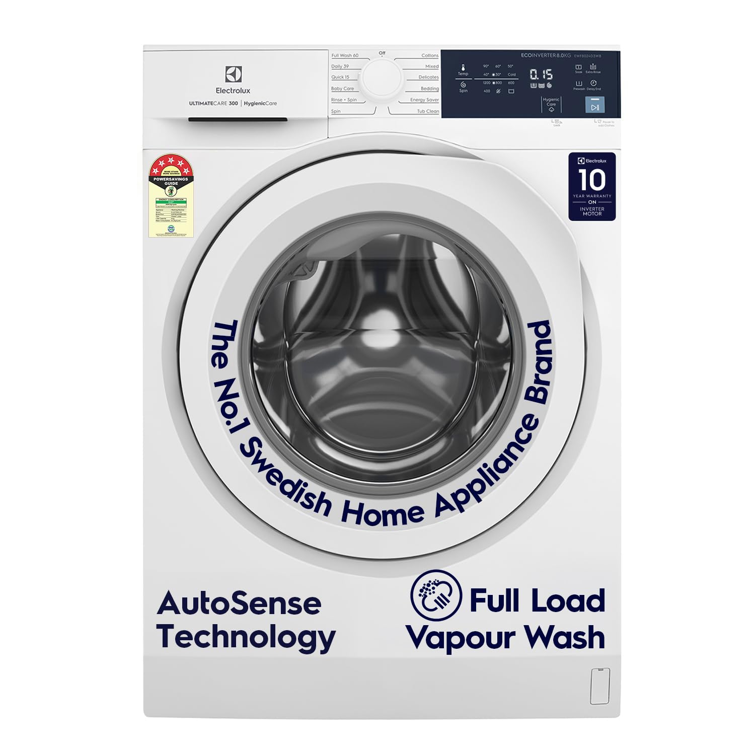 Electrolux 8kg 5 Star Front Load Washing Machine, AutoSense Technology, Full Load Vapour Wash, Hygienic Care, EcoInverter Motor, UltimateCare 300, EWF8024D3WB, White