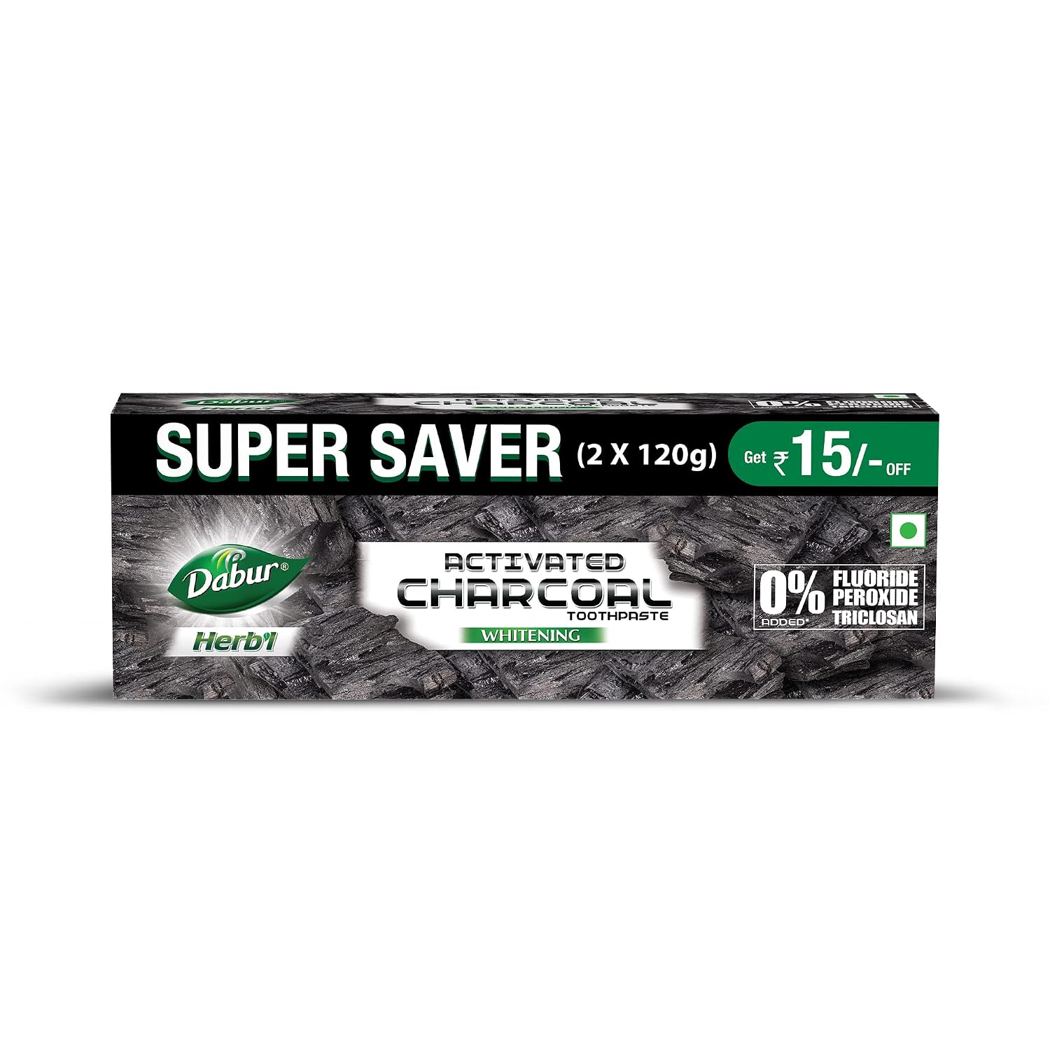 DABUR Herb'L Activated Charcoal Toothpaste 240G (120G x2, Pack of 2)|Whitening Black Gel Toothpaste|Fluoride Free|Fights Plaque & Extrinsic Stains|With Power of Mint|Cool & Refreshing Mouth Experience