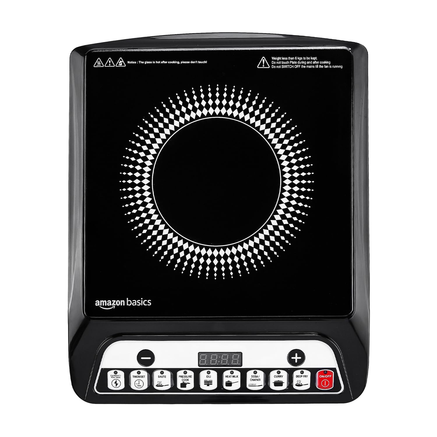 Amazon Basics 1600W Induction Cooktop | 7 Pre-Set Cooking Menus | LED Display | Smart Push Buttons I Energy Efficient, Auto Cut-off, 20A IGBT & 4KV Surge Protection I Black