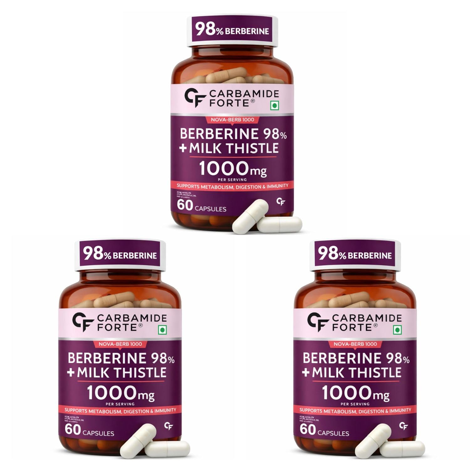 Carbamide Forte 98% Berberine supplements with Milk Thistle | 1000mg Berberine HCl per Serving for Metabolism, Digestion, Liver Detox & Immunity Support | High Potency Berberine HCl – 60 Veg Capsules