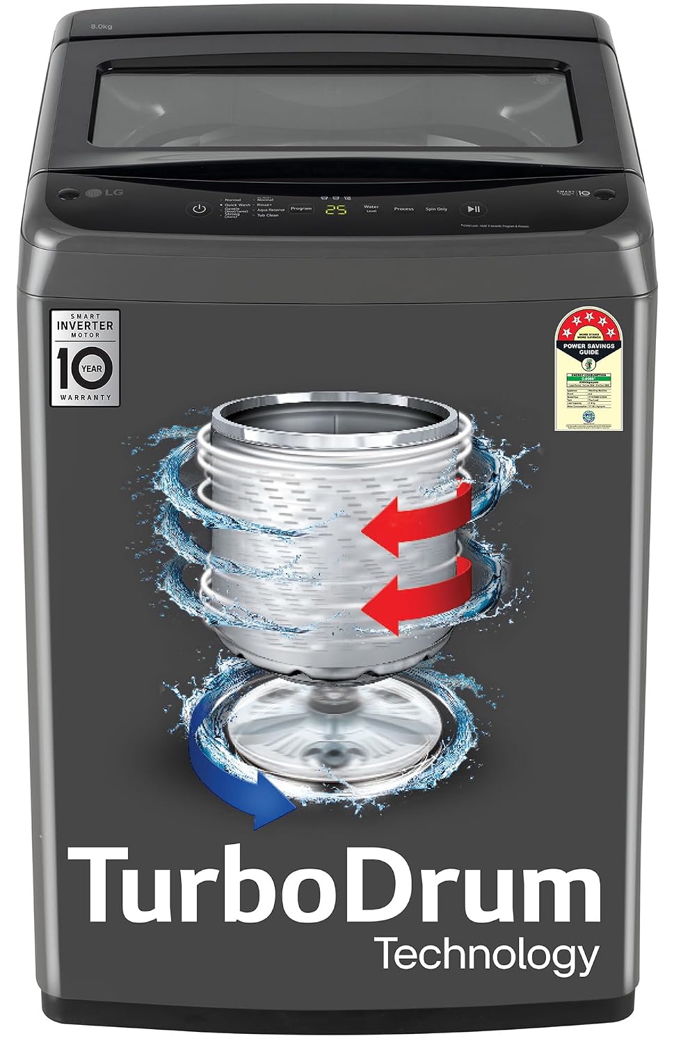 LG 8 Kg 5 Star Smart Inverter Technology Fully Automatic Top Load Washing Machine (T80VBMB4Z, Turbodrum, Auto Prewash, Stainless Steel drum, LED Display, Smart Diagnosis, Middle Black)