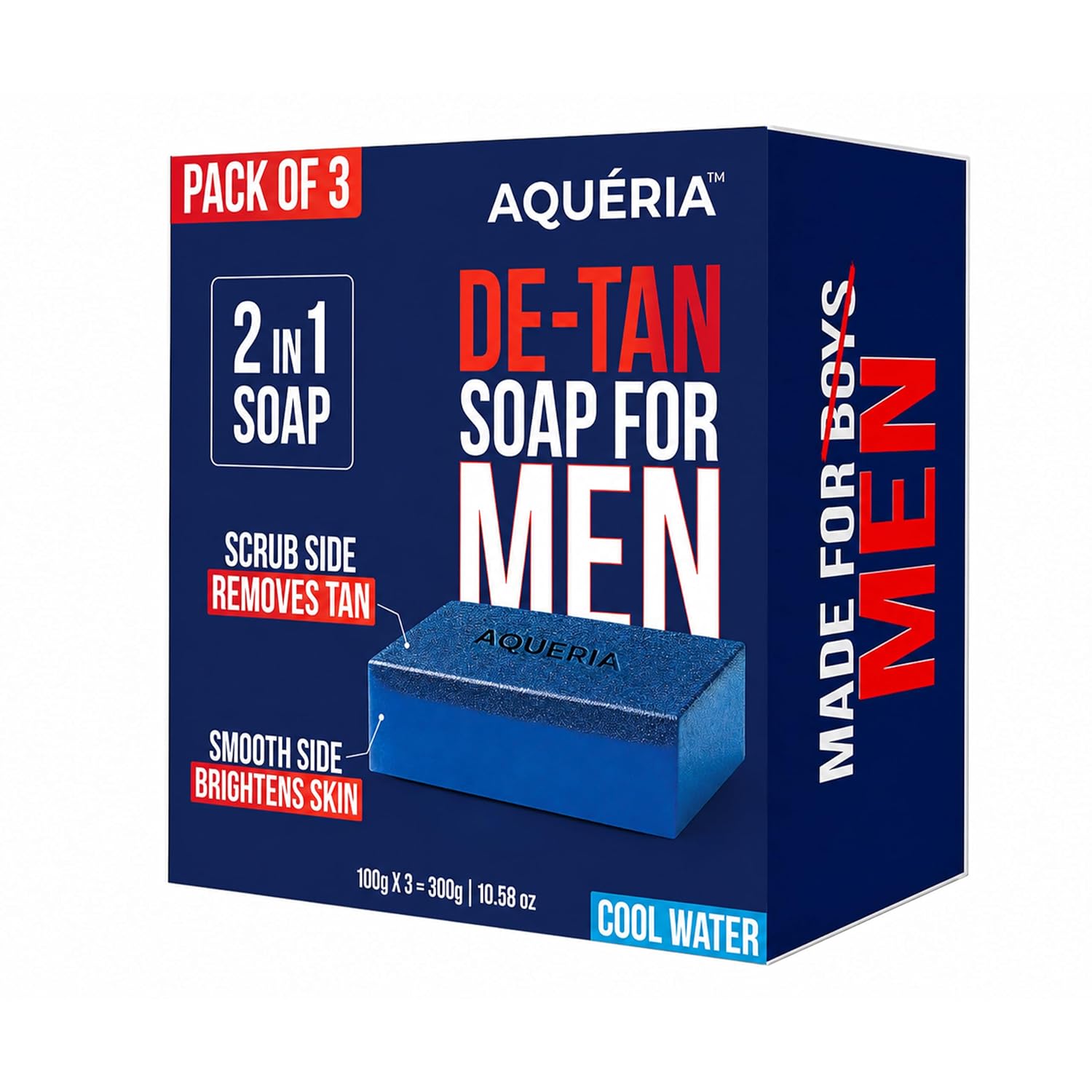Aqueria De-Tan & Brightening 2-in-1 Bath Soap for Men | Cool Water Perfume | Scrub Side for Tan Removal & Gentle Exfoliation | Smooth Side for Skin Brightening & Hydration | Deep Cleansing Face & Body Soap For Fresh, Healthy-Looking Skin | 300g (Pack of 3) | Suitable For Daily Use - Lasts Upto 90 Washes.