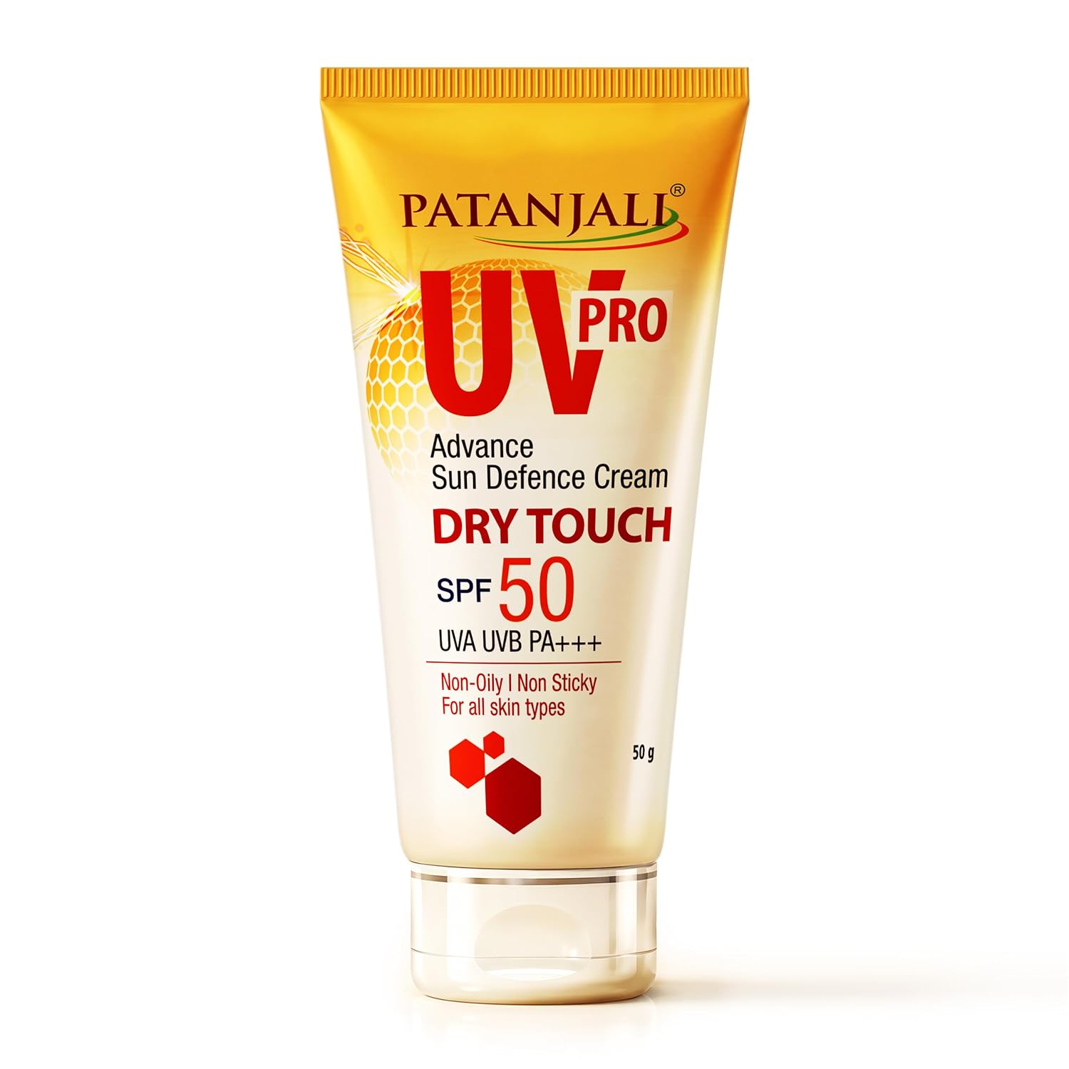 Patanjali UV Pro Advance Sun Defence Cream SPF 50 PA+++50g, Dry Touch, Non-Oily, Non-Sticky Sunscreen for All Skin Types, Ayurvedic Sunblock, Broad Spectrum UVA/UVB Protection Pack of 1
