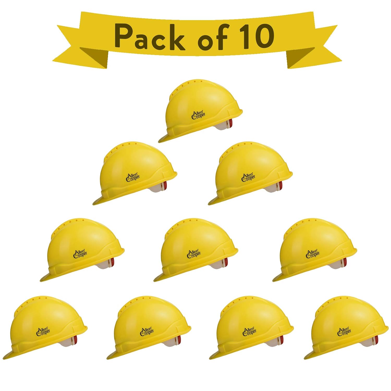 Allen Cooper Industrial Safety Helmet SH-722, Shell with Ventilation, Plastic Cradle with Ratchet Adjustable Headband - Yellow (Pack of 10)