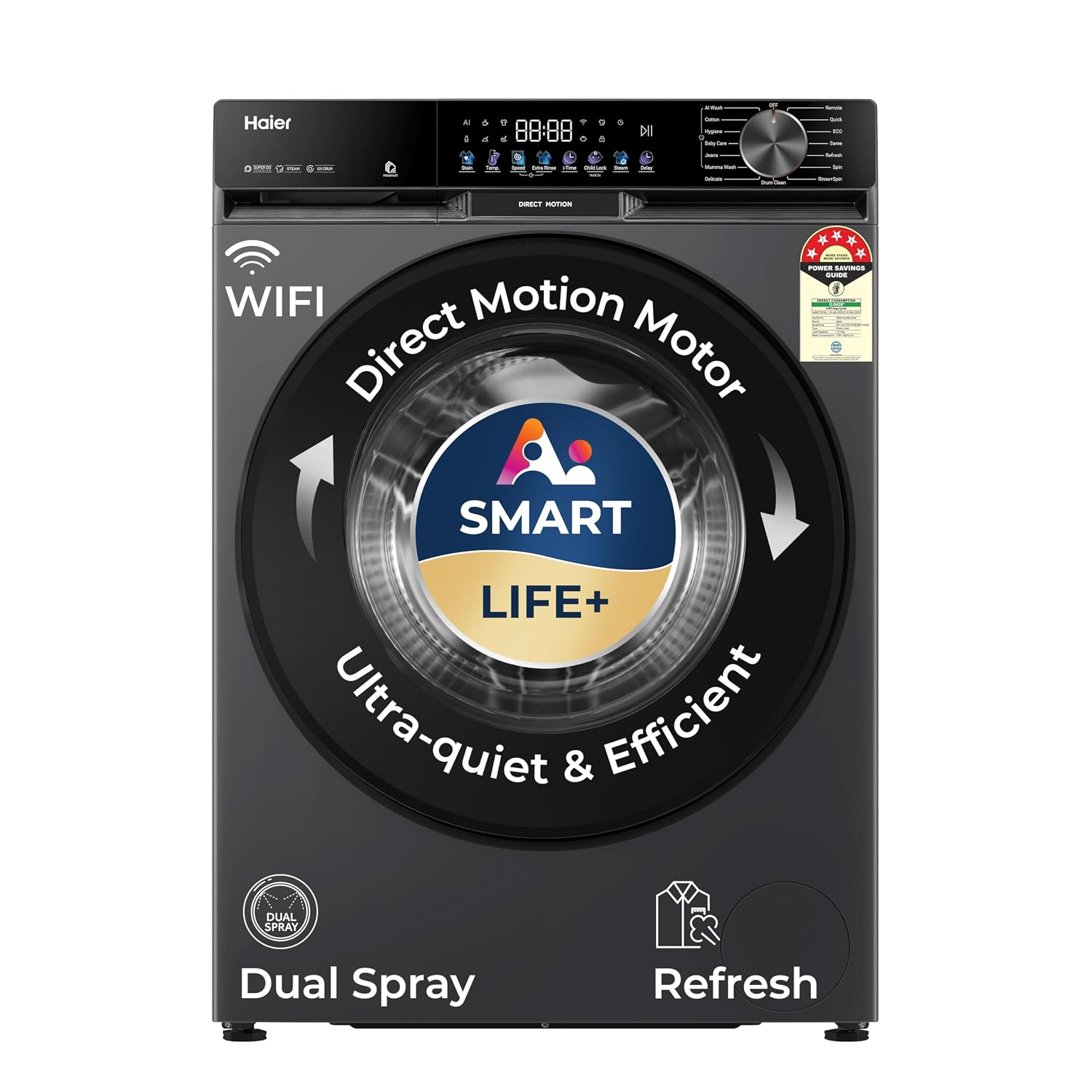 Haier 12 Kg, 5 Star, AI Smart LIFE+, Hygienic Care, ABT, 525 mm Super Drum, Refresh, Direct Motion Motor, WiFi enabled, Fully Automatic Front Load Washer (EFL120-DM14F5ES8U1 | Dark Jade Silver)