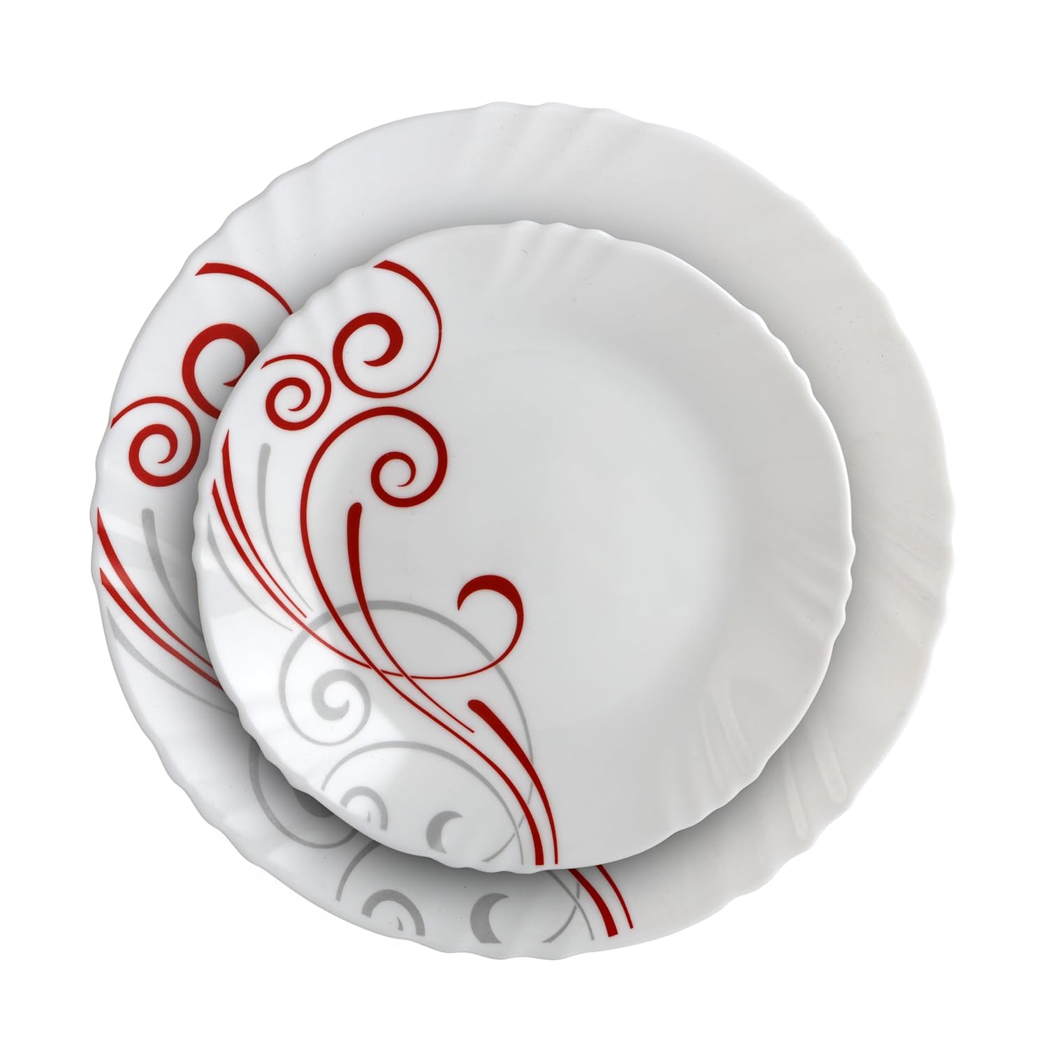 Cello Opalware Imperial Series Red Swirl 33 Pieces Dinner Set | Opal Glass Crockery for 6 | Bone Ash-Free, Lightweight, Elegant White Plate & Bowl Set |Opalglass Dinner Set for Daily Use & Gifting