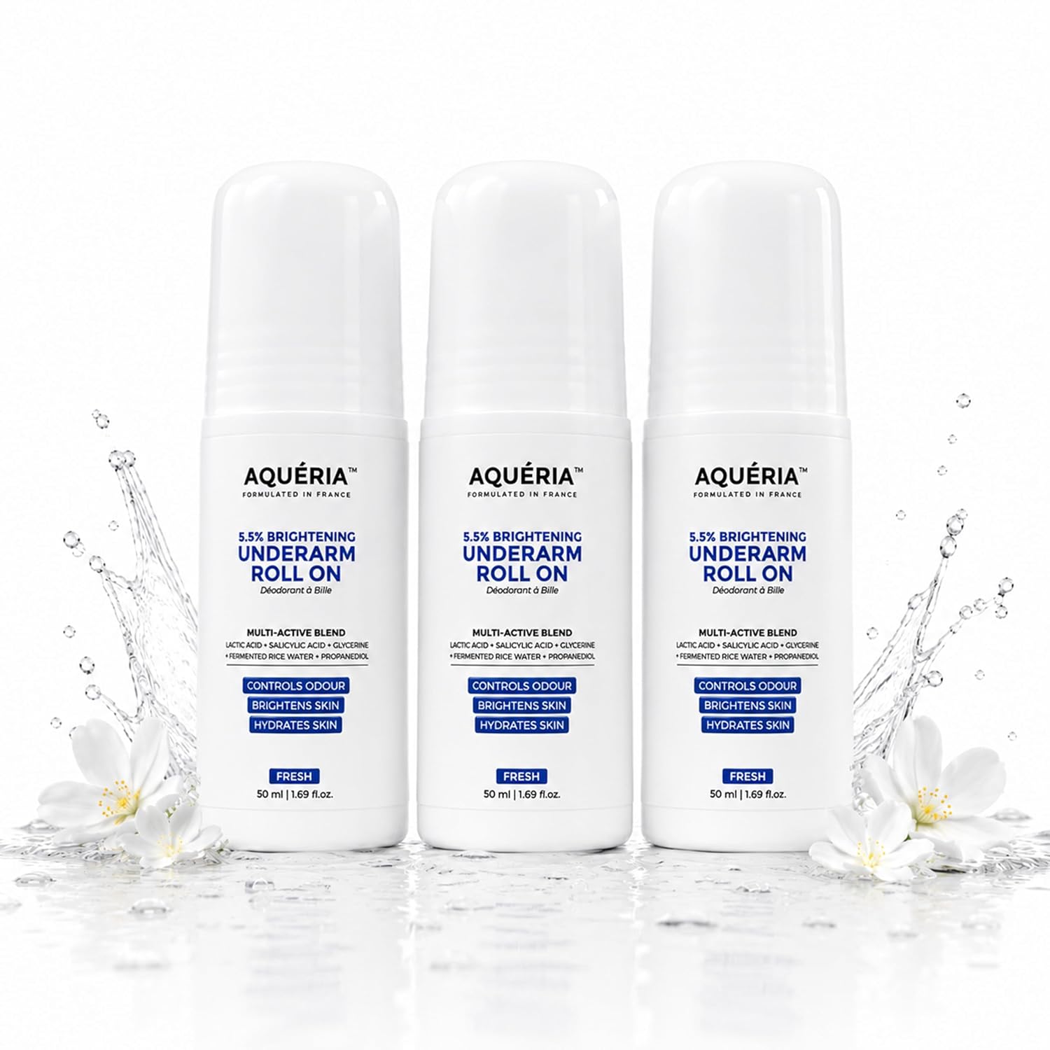 Aqueria Underarm Brightening Roll-On for Men & Women | Lactic Acid, Fermented Rice Water & Glycerine | Helps Reduce Dark Underarms, Pigmentation & Uneven Skin Tone | Controls Body Odour | Fresh Fragrance | Pack of 3 (150ml)