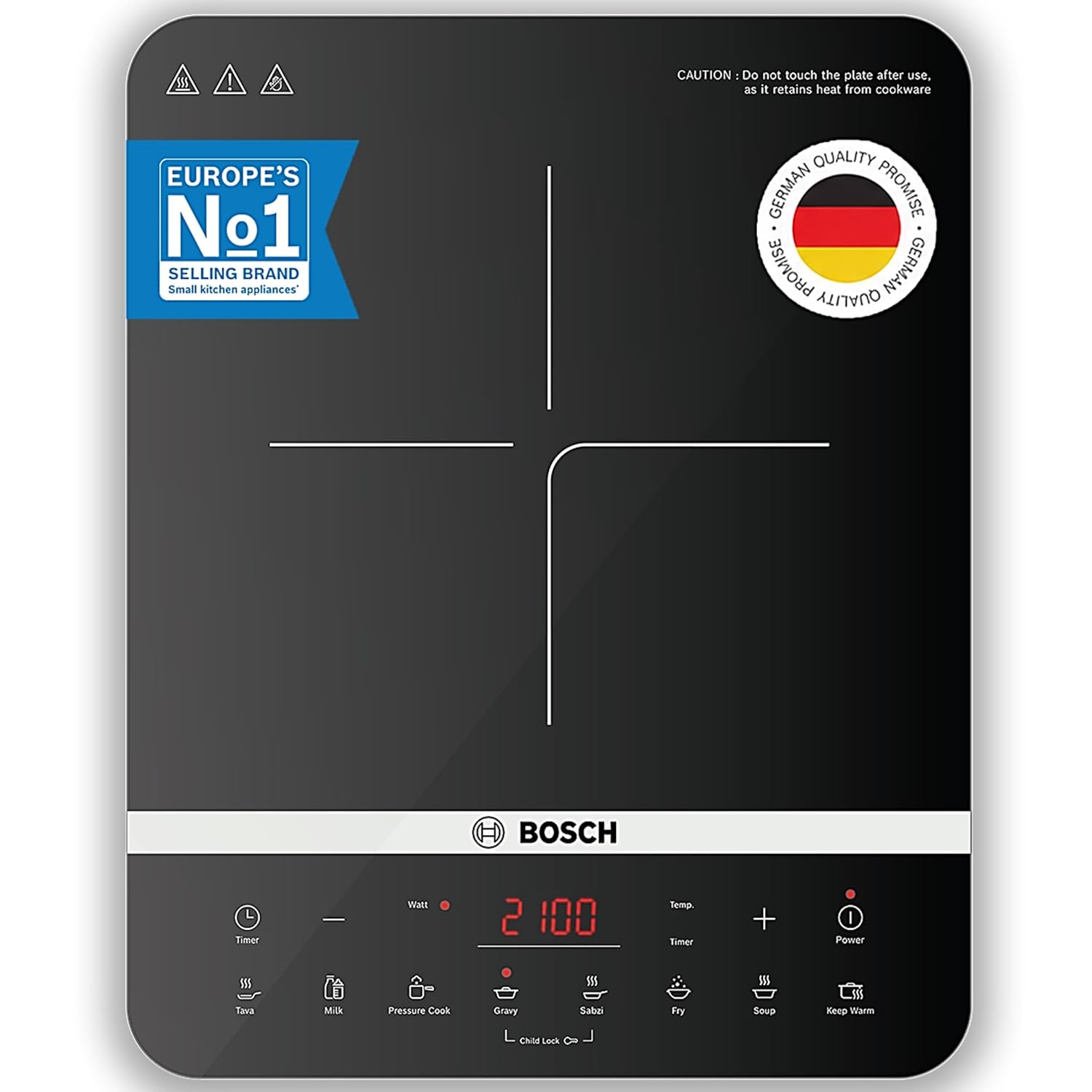 Bosch TrueSafe 2100W UltraSleek Induction Cooktop |Touch Panel (PI815S11EI) | Variable Temperature Control | Superior 6KV Surge Protection | 8 Preset Menus & Timer | 3 Year Coil Warranty | Child Lock