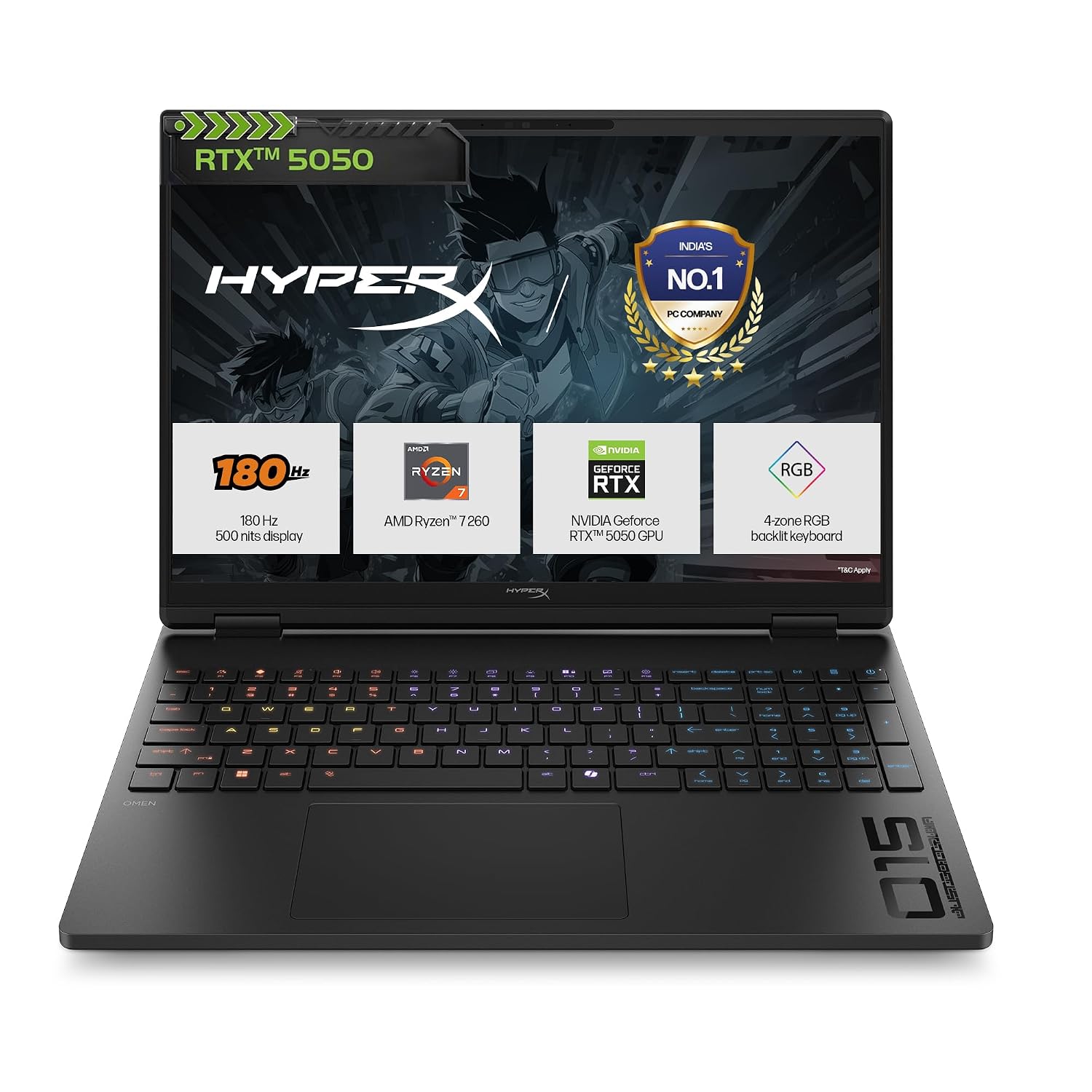 HP Smartchoice HyperX OMEN 15, AMD Ryzen 7 260, 8GB-RTX 5050, 24GB DDR5 (Upgradeable), 1TB SSD, 180Hz, 2.5K, 500 nits, 3ms RT, 15.3''/38.9cm, Win11, Office24, Black, 2.42kg, gb0038AX, AI Gaming Laptop