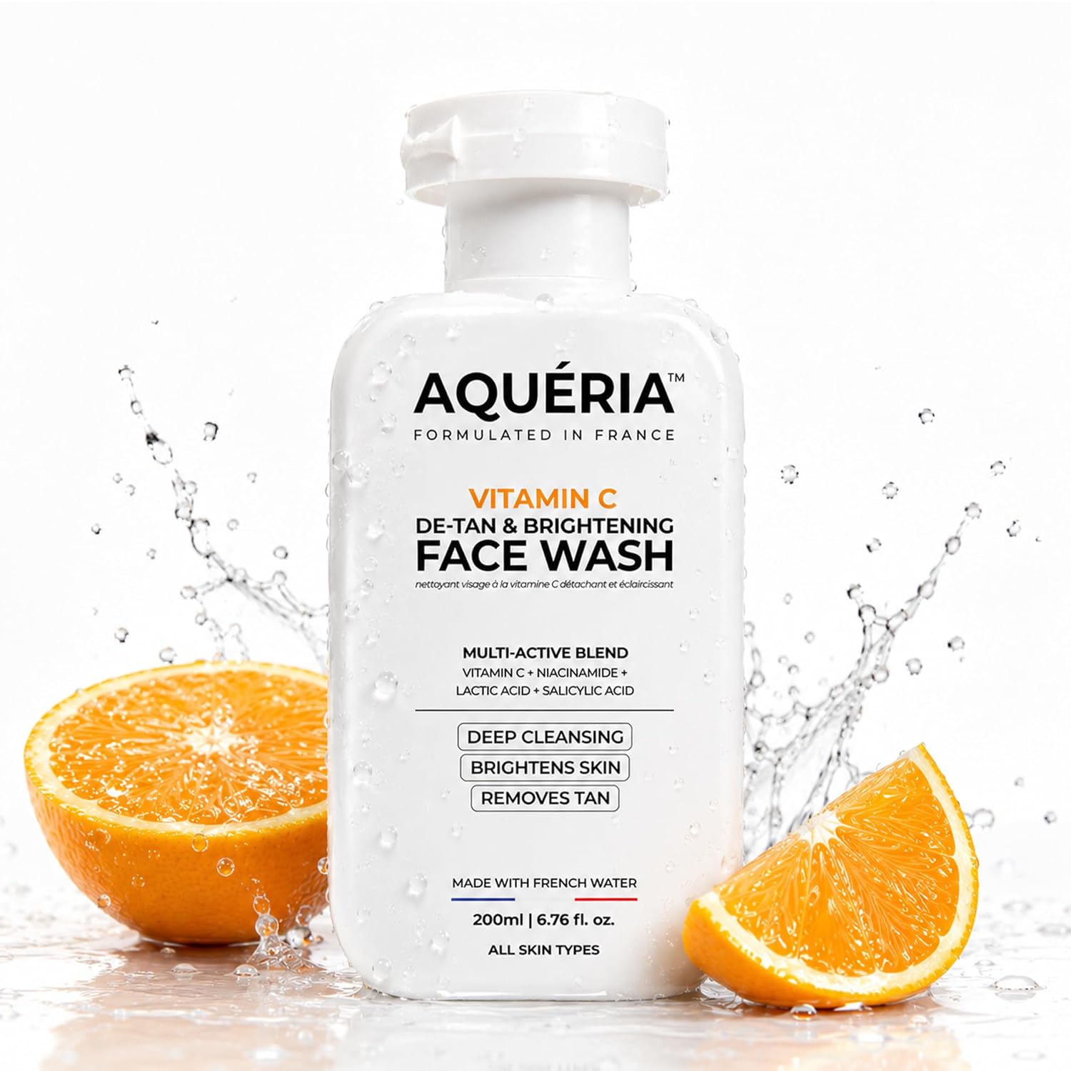 Aqueria De-Tan & Brightening Vitamin C Face Wash | With Lactic Acid & Niacinamide | Deep Cleansing Face Cleanser for Tan Removal, Pigmentation, Dark Spots, Dull & Uneven Skin Tone | Brightens Skin & Gently Exfoliates | Non-Drying Formula for All Skin Types | 200ml | Men & Women Gentle Cleanser