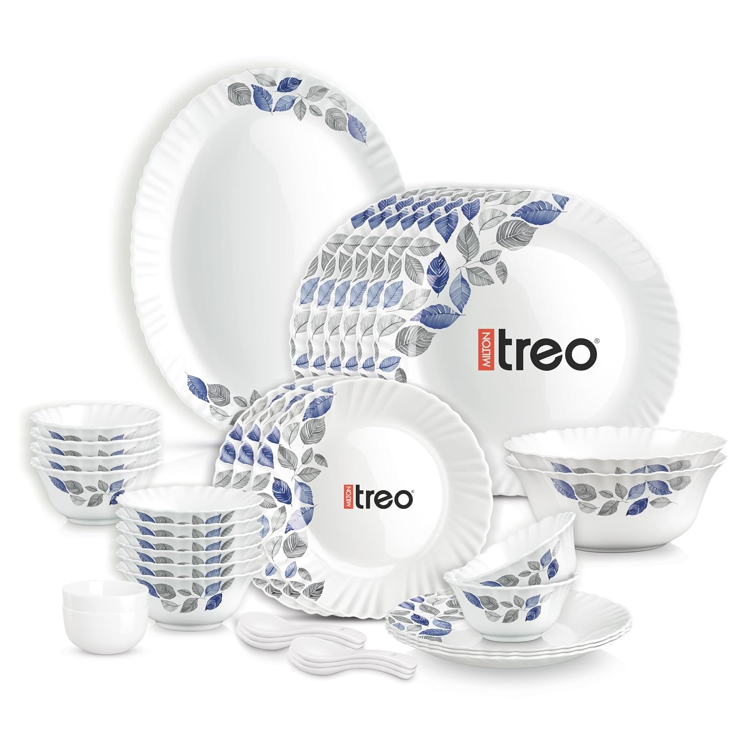 Treo by Milton Opalware Aurelia Lunis Dinner Set of 35 | Serving for 6 | Microwave & Dishwasher Safe | Bone-Ash Free | Tempered Toughness | Plates, Bowls, Spoons | Crockery Set for Dining & Gifting