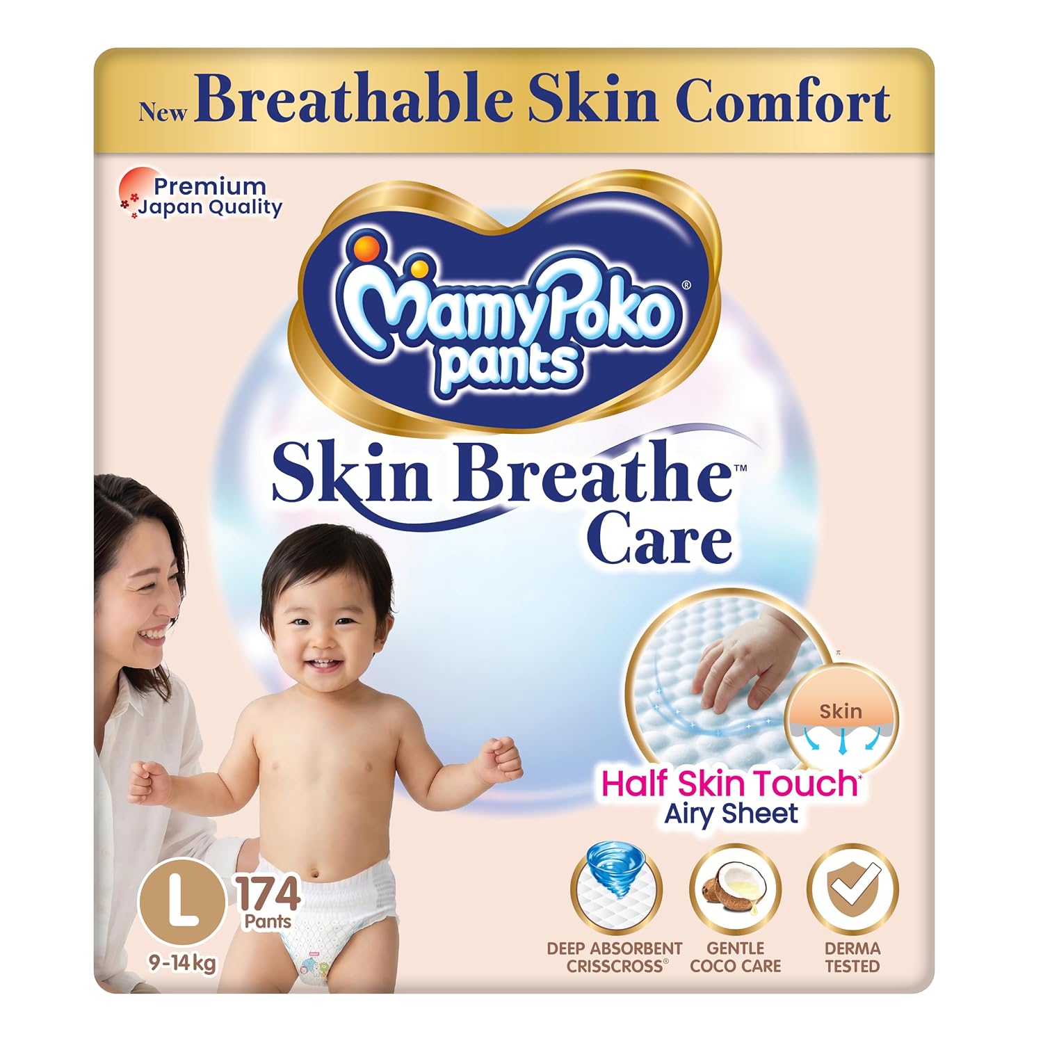 MamyPoko Pants Skin Breathe Care | Baby Diapers Large Size (L) | 174 Count | 9-14Kgs | Half Skin Touch Airy Sheet | 3X Breathable | Derma Tested