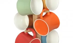 Tibros Multicoloured Bone China Mugs With Wooden Stand Pack Of 6