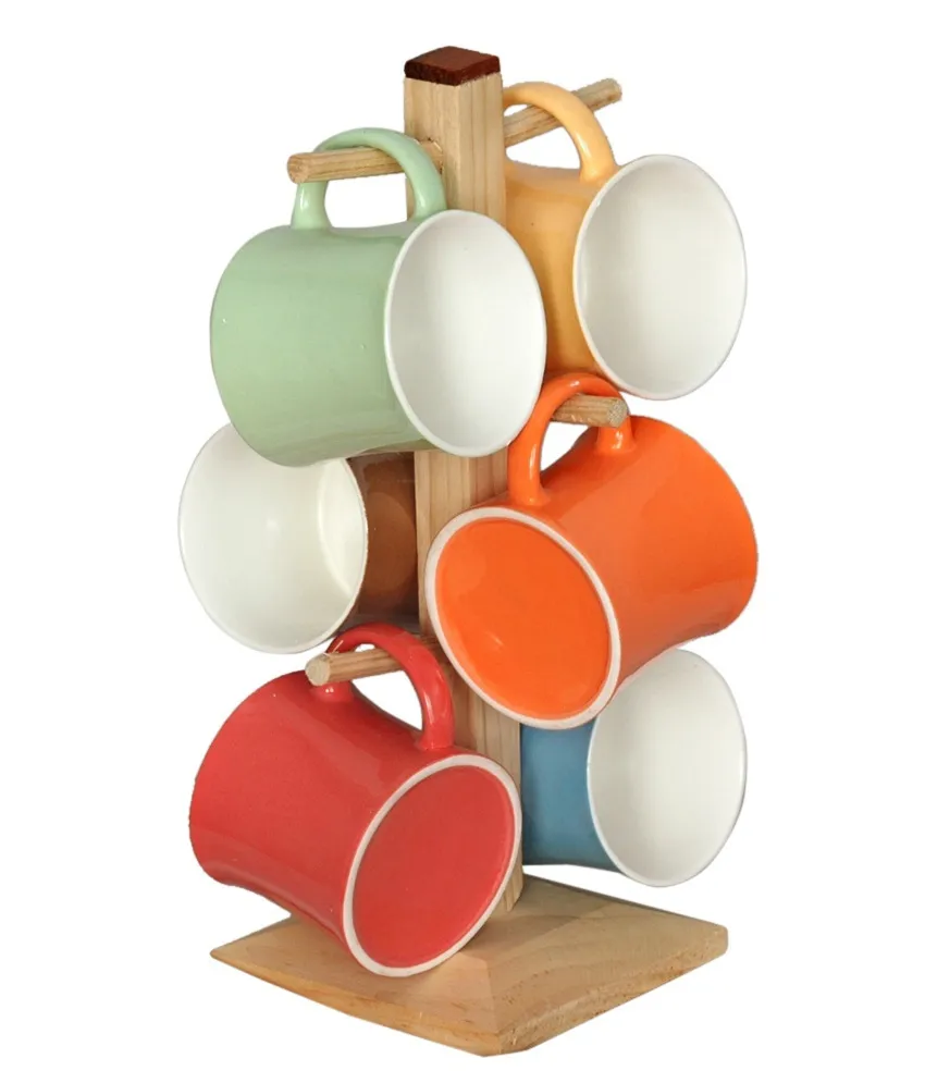 Tibros Multicoloured Bone China Mugs With Wooden Stand Pack Of 6