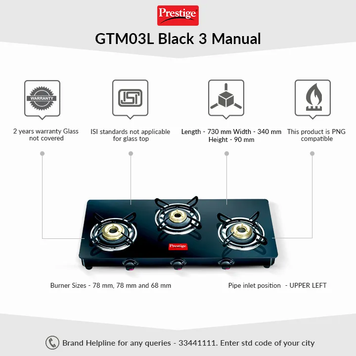 Prestige GTM03L 3 Burner Glass Manual Gas Stove